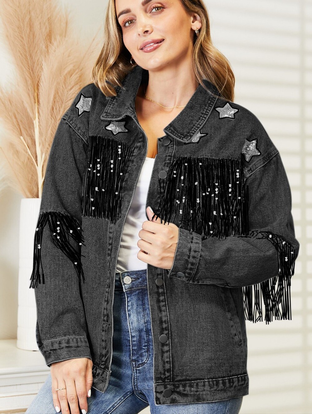 Sparkling Silver Sequin Fringe Denim Jacket - Black